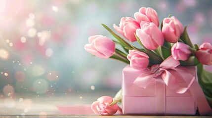 Pink gift box with ribbon and bouquet of tulips on blurred background, mother's day concept
