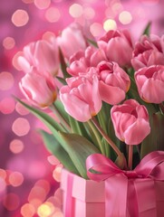 Fototapeta premium Pink gift box with ribbon and bouquet of tulips on blurred background, mother's day concept 