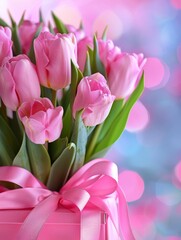 Obraz premium Pink gift box with ribbon and bouquet of tulips on blurred background, mother's day concept 