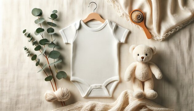 Baby Onesie Display with Teddy Bear and Eucalyptus for Minimalist Nursery