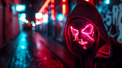A person wearing a hooded jacket with a neon mask, emitting an eerie glow, aura of mystery and danger, evoking thoughts of cyber-attacks and criminal activities