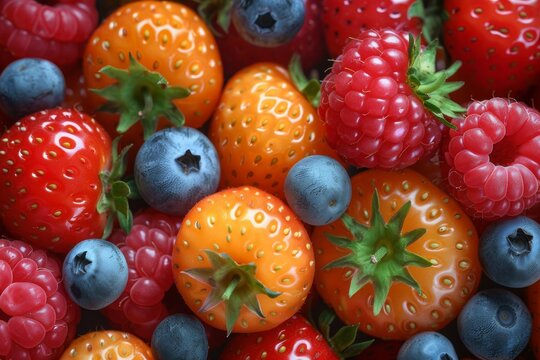 Pixelated image of berries, including strawberries, blueberries, and raspberries