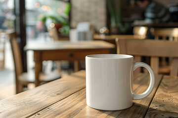 Fototapeta premium White Coffee Mug on the table in a coffee shop, mug mockup