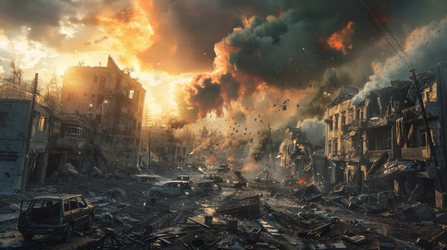 A ruined city during the war. Burning buildings and cars.