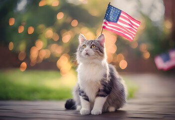 Patriotic cat sitting on a wooden deck with an American flag, with warm bokeh lights in the background, symbolizing national pride and celebration. - Powered by Adobe
