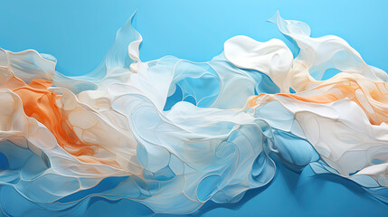A Single Abstract Art White and Orange Scribble Wavy Lines on a Aqua Color Background