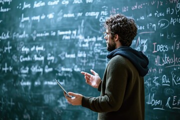 Engaging lecture in front of a chalkboard, A teacher giving an engaging lecture in front of a chalkboard covered in equations, Ai generated