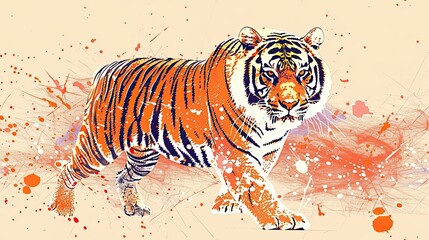 A vibrant, abstract tiger illustration with splashes of color