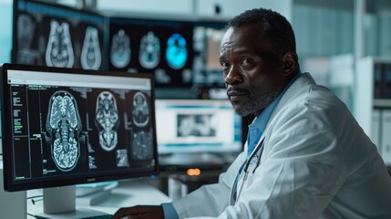 Neurologist examining brain MRI scans, ideal for neurology service promotions - obrazy, fototapety, plakaty