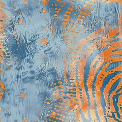 An abstract painting with blue and orange splatter patterns
