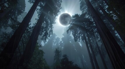 spooky forest solar eclipse - obrazy, fototapety, plakaty