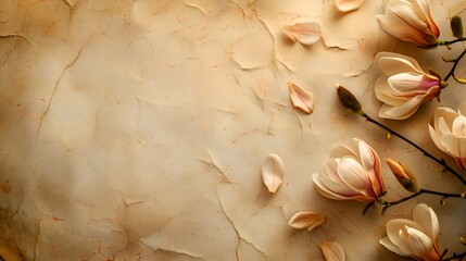 An elegant arrangement of soft pink magnolia flowers draping gracefully over a vintage, textured beige background with scattered petals - obrazy, fototapety, plakaty