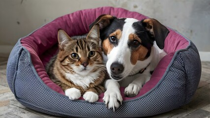 Cuddle Buddies: Cat & Dog Share a Peaceful Moment. Concept Pet photography, animal friendship, furry friends, adorable moments