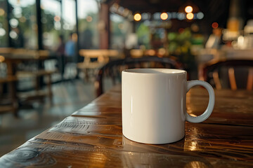 Fototapeta na wymiar White Coffee Mug on the table in a coffee shop, mug mockup