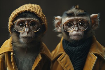 Two young monkeys dressed in human winter clothing giving an impression of fashion-consciousness