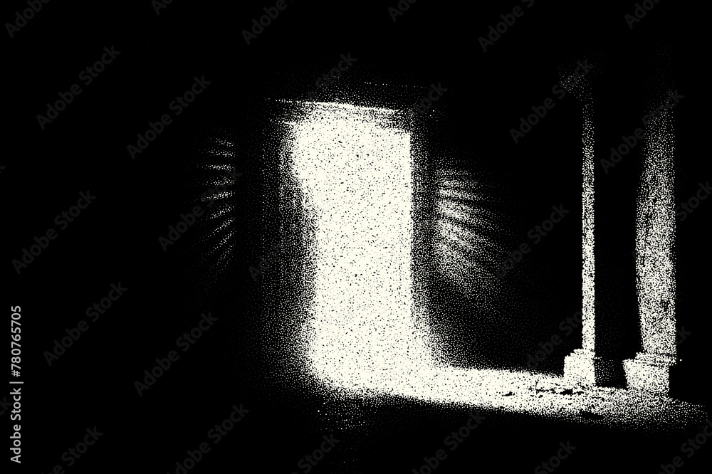 Poster ancient ruins in sci-fi scene with dotwork retro style. mysterious gate debris with dramatic lights 