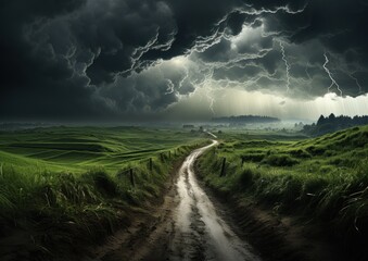A dirt road cuts through a green field as storm clouds darken the sky