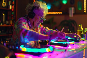 Fototapeta na wymiar Vibrant elderly lady DJing with flair at a colorful home party, surrounded by lights and music equipment.