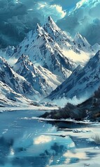 Fototapeta na wymiar A serene winter mountain landscape painting