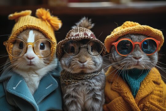 A stylish cat dressed in a knitted cap and round glasses poses for a portrait