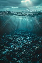 Beyond the Blue The Dark Side of Plastic Pollution  A somber portrayal of the oceans transformation into a plastic wasteland, prompting millennials to confront the reality of their impact, no contrast - obrazy, fototapety, plakaty