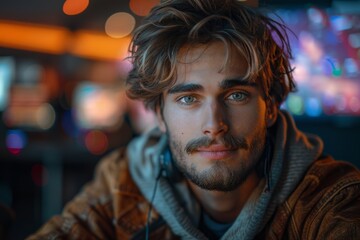 Fototapeta premium A calm young man with deep blue eyes and headphones casually draped over his shoulder
