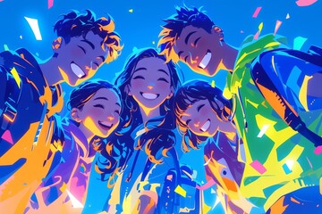 Obraz na płótnie Canvas A vibrant and colourful gradient background with five young people smiling, each person's face illuminated in the style of soft glow of neon lights