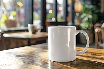 White Coffee Mug on the table in a coffee shop, mug mockup