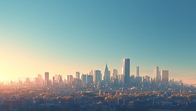 A wide shot of the city skyline with tall buildings and skyscrapers, showcasing an urban landscape in daylight. The sun is shining brightly above a bustling metropolis. 