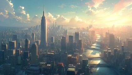 A wide-angle view of the city skyline, showcasing towering skyscrapers and bustling streets under sunlight