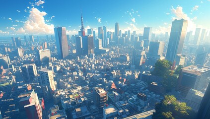 A wide-angle view of the city skyline, showcasing towering skyscrapers and bustling streets under sunlight