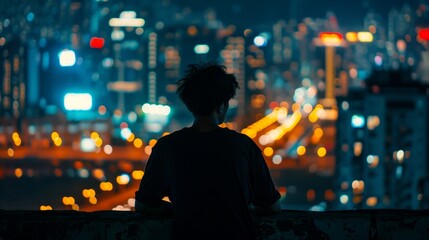 A man is standing on a ledge looking out over a city at night