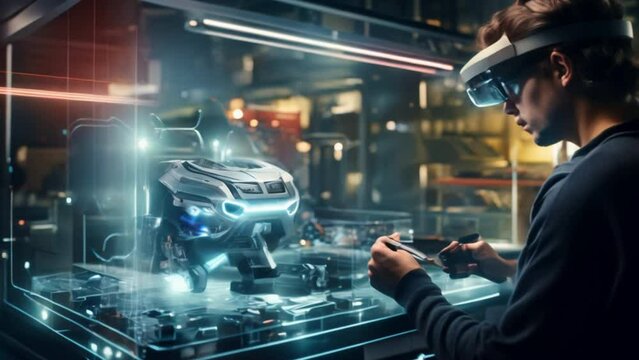man wearing AR glasses is writing code to intelligently control a robot. On the background of a lab full of high-tech equipment. It represents technological progress.