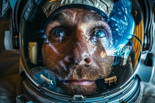 A detailed image focusing on an astronaut helmet and suit with the face blurred, emphasizing mystery and space exploration