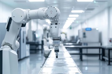 a industrial robot arm operating seamlessly within a cutting-edge factory environment, meticulously attending to tasks along a sophisticated production line

