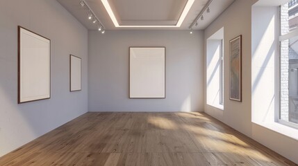 Empty art gallery with a wooden floor and spotlights