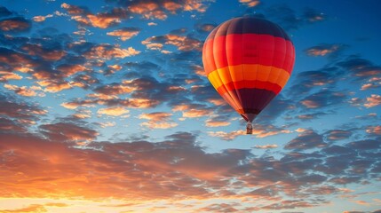 Obraz premium Colorful hot air balloon floats over sunset sky