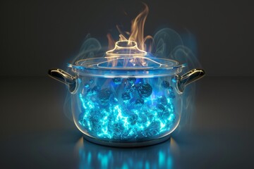 Glass pot with boiling water on a lit stovetop - obrazy, fototapety, plakaty