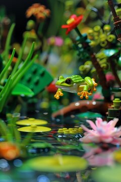 Green frog leaps over lily pads in a pond