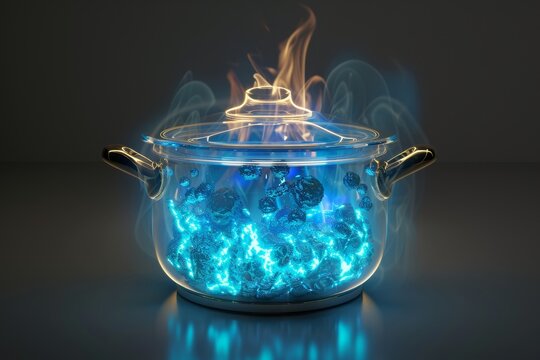 Glass pot with boiling water on a lit stovetop