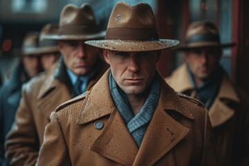A row of men in trench coats and hats captured with their faces blurred in a rainy setting - obrazy, fototapety, plakaty