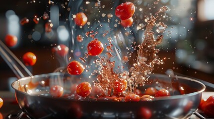 Red cherry tomatoes splashing into a stainless steel pan with sauce - obrazy, fototapety, plakaty