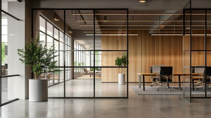 contemporary office space with wood panels and glass partitions design, modern minimalist office interior with natural light and green plants