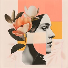 Abstract art collage with portrait of woman and flowers. Trendy paper collage composition.