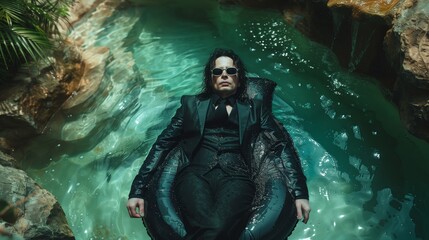 A goth man enjoying a lovely summer day in the pool.