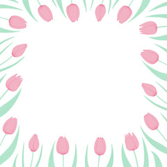 Fototapeta na wymiar Tulip flowers frame, border. Hand drawn flat illustration. Spring blossoms, pink blooms, decorative florals. Vector design. Mothers Day, Easter, seasonal, botanical drawing