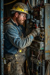 an electrician clad in overalls and a hard hat is depicted meticulously attending to an electrical panel
