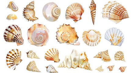 Seashell clipart collection arranged in a heart shape,Clipart, watercolor illustration, Perfect for nursery art The style is handdrawn, white background - obrazy, fototapety, plakaty