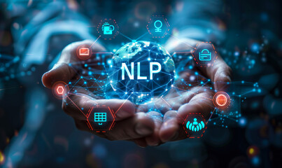 Innovator Presents Global NLP Technologies in Virtual Interface, Highlighting AI Communication and Cognitive Computing Breakthroughs - obrazy, fototapety, plakaty