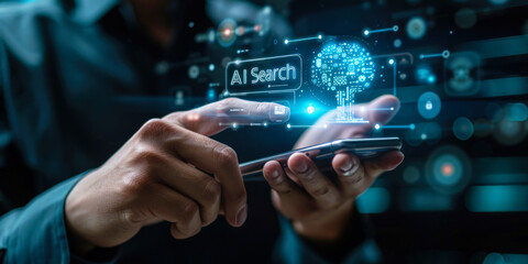 Businessman Engaging with AI Search Technology on Smartphone to Enhance Cognitive Computing and Machine Learning Capabilities